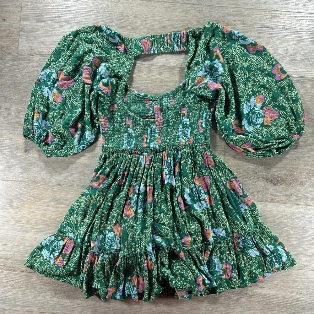Free People Small Endless Summer Summer Picnic Printed Smocked Mini Dress Green